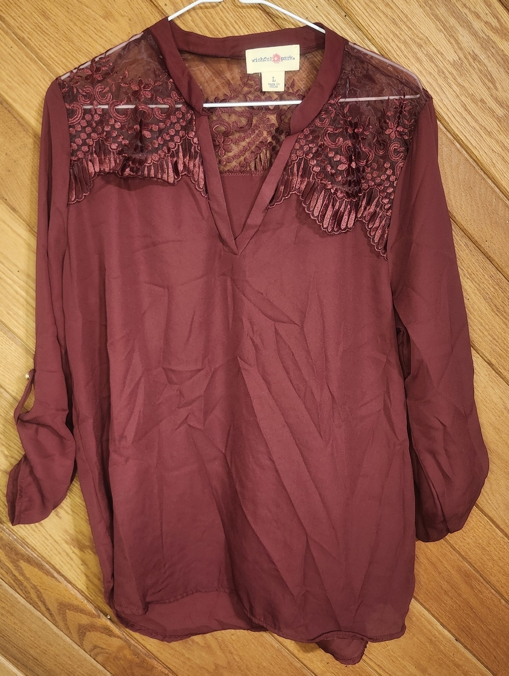 Wishful Park Burgundy Large V-Neck Tunic With Embroidered Yoke